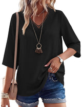 LOMON Women's 3/4 Length Sleeve Boho Tops V Neck Lace Summer Outfits Dressy Casual Flowy Shirts Vacation Clothes Blouses