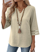 LOMON Womens 3/4 Sleeve V Neck Bohemian Blouses Casual Loose Fit Tunic Tops Vacation Clothes