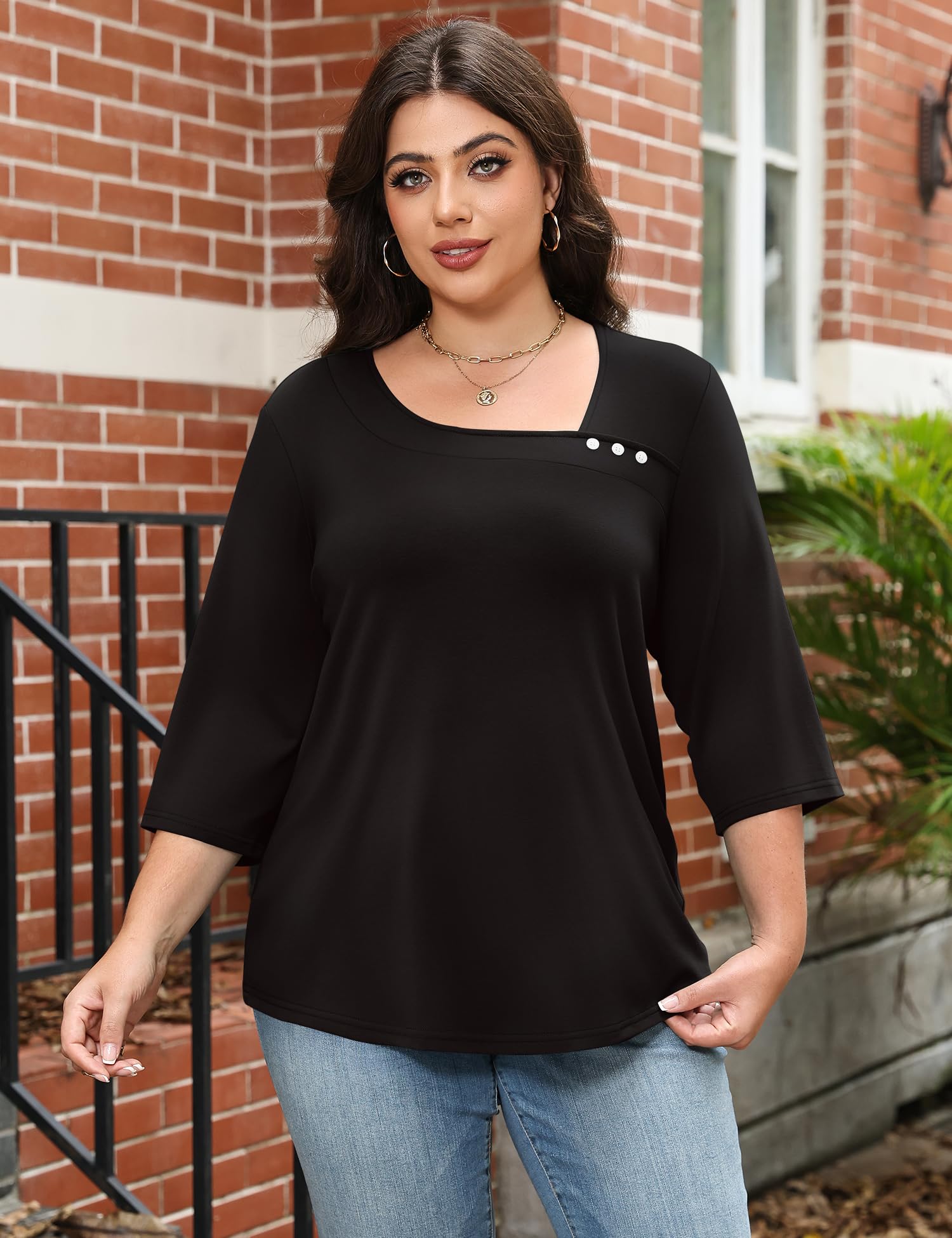 LOMON Womens Plus Size Tops 3/4 Length Sleeve T Shirts Asymmetrical Neck Blouses for Women Fashion 2026