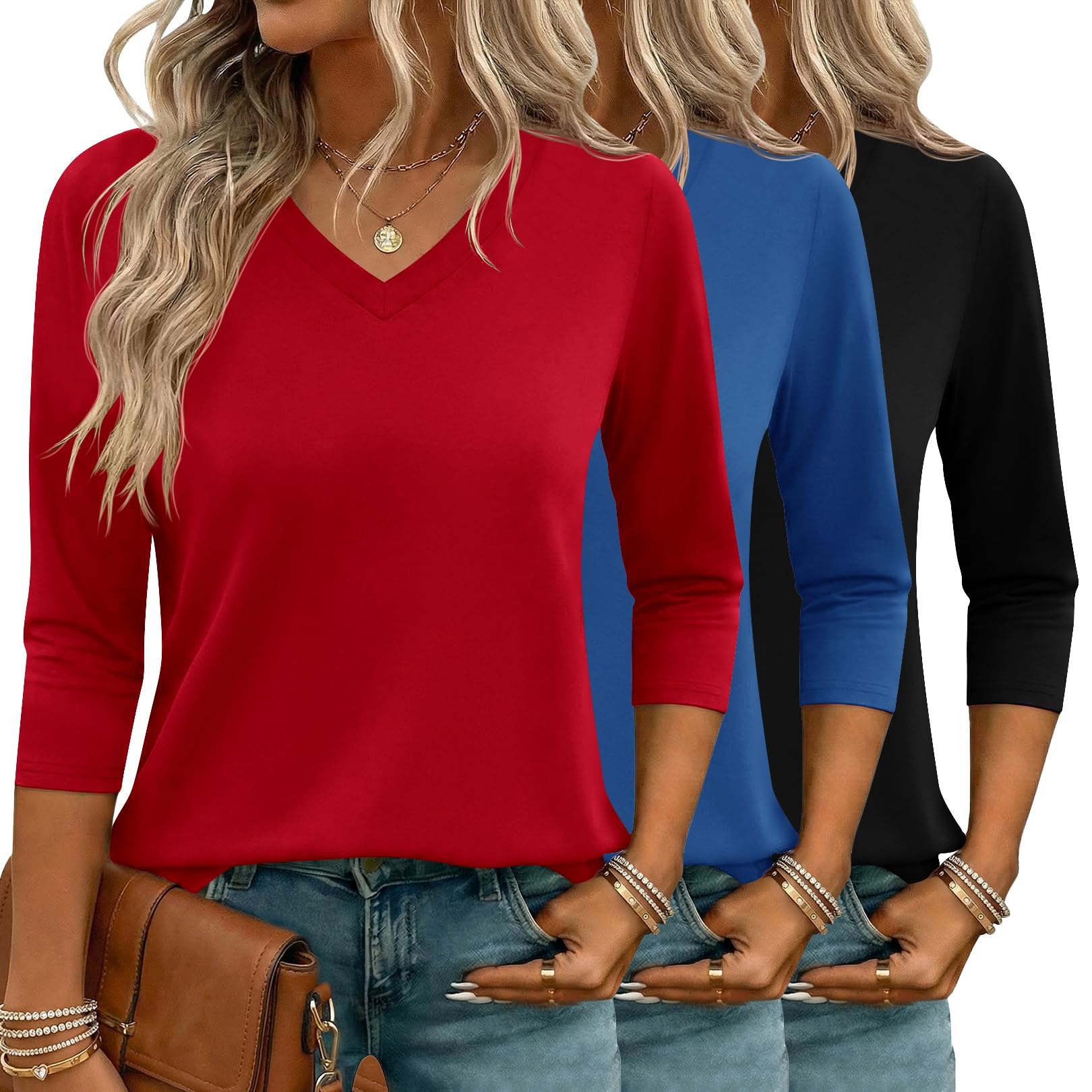 LOMON 3 Pack Tops for Women 3/4 Sleeve V Neck Basics Tees Business Casual Summer T Shirts