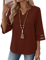 LOMON Womens 3/4 Sleeve V Neck Bohemian Blouses Casual Loose Fit Tunic Tops Vacation Clothes