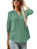 LOMON Women's Casual 3/4 Sleeve Henley V-Neck Button Up Pleated Back Blouses Swiss Dot Blouse Tops T-Shirts S-XXL
