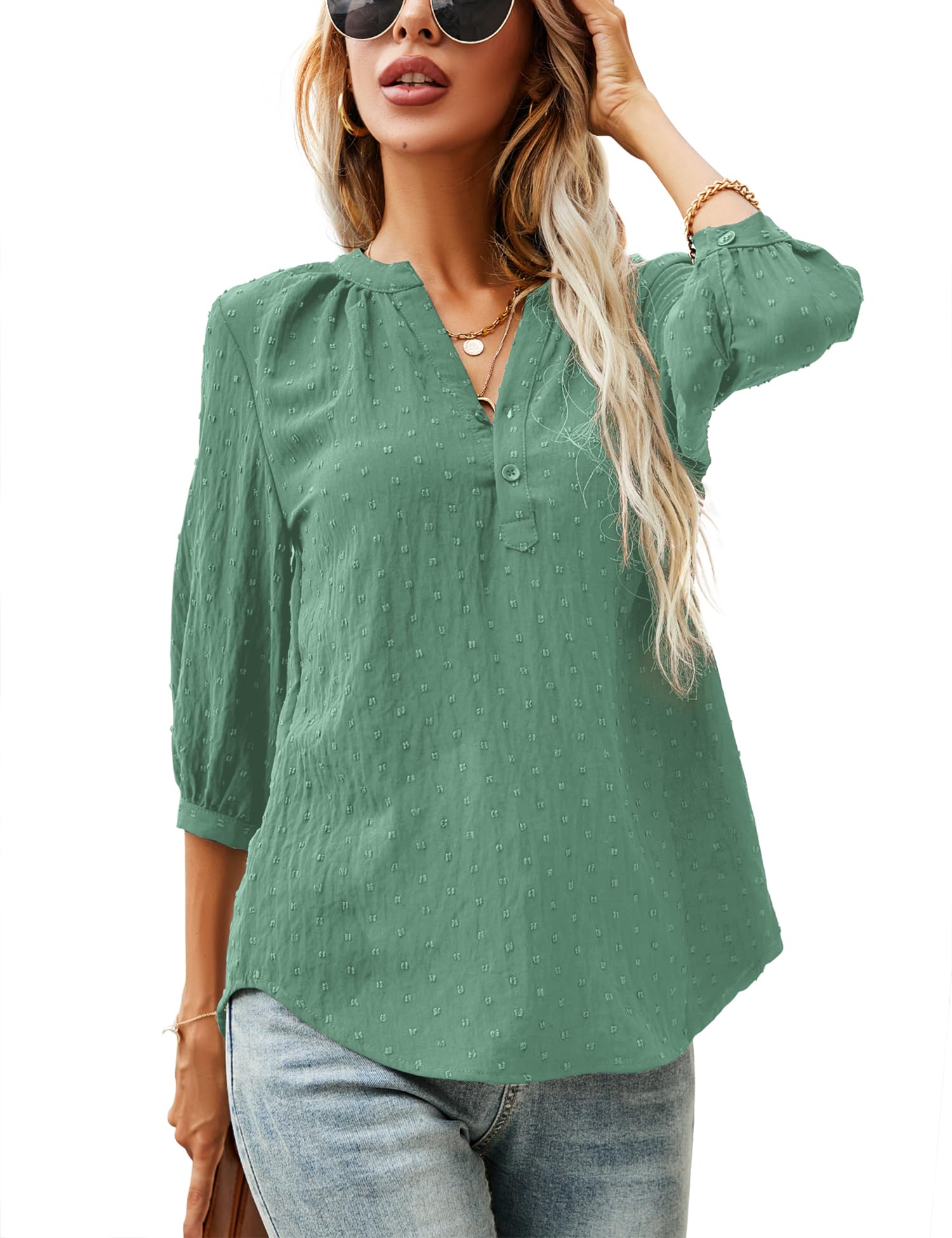 LOMON Women's Casual 3/4 Sleeve Henley V-Neck Button Up Pleated Back Blouses Swiss Dot Blouse Tops T-Shirts S-XXL