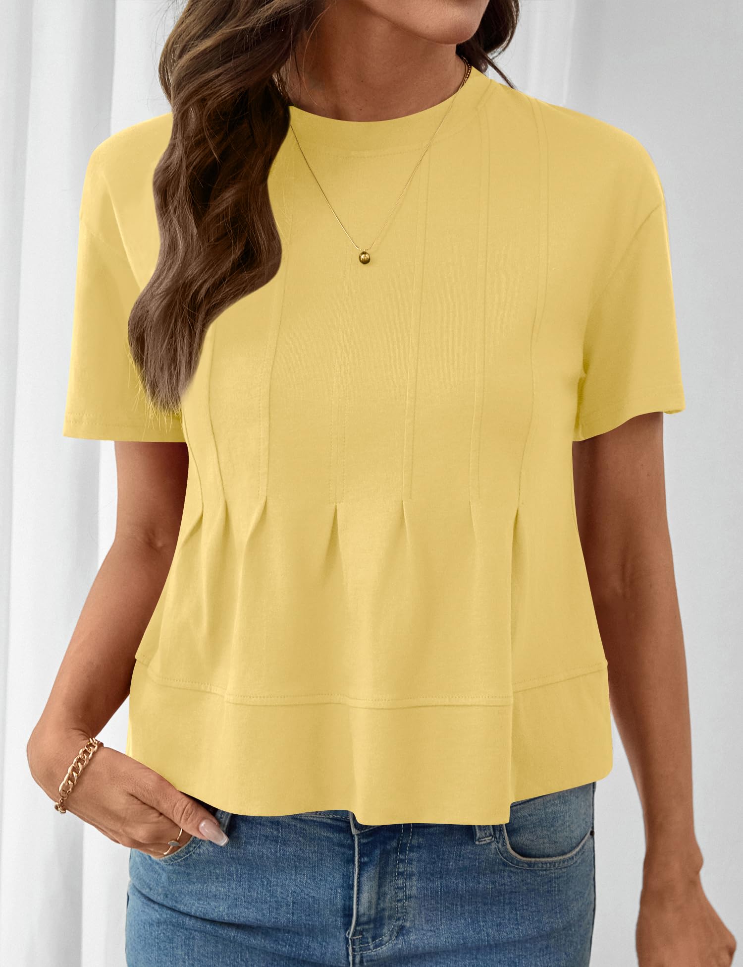 LOMON Spring Peplum Tops for Women Babydoll Pleated Short Sleeve Crop Swing Shirts Blouses Trendy Casual Clothing 2026