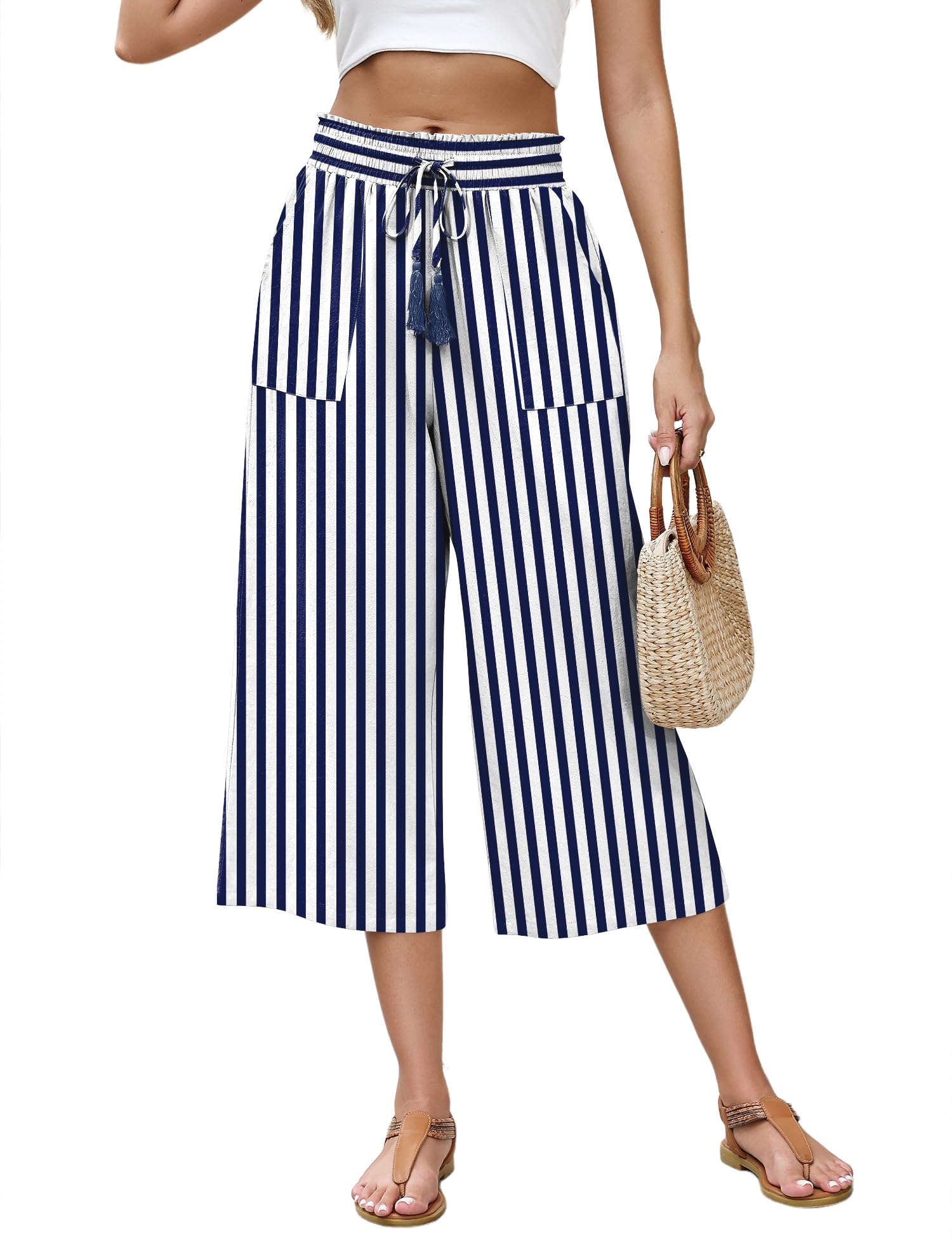 LOMON Women's Linen Capri Pants Wide Leg with Drawstring Elastic Waist Casual Cropped Pant