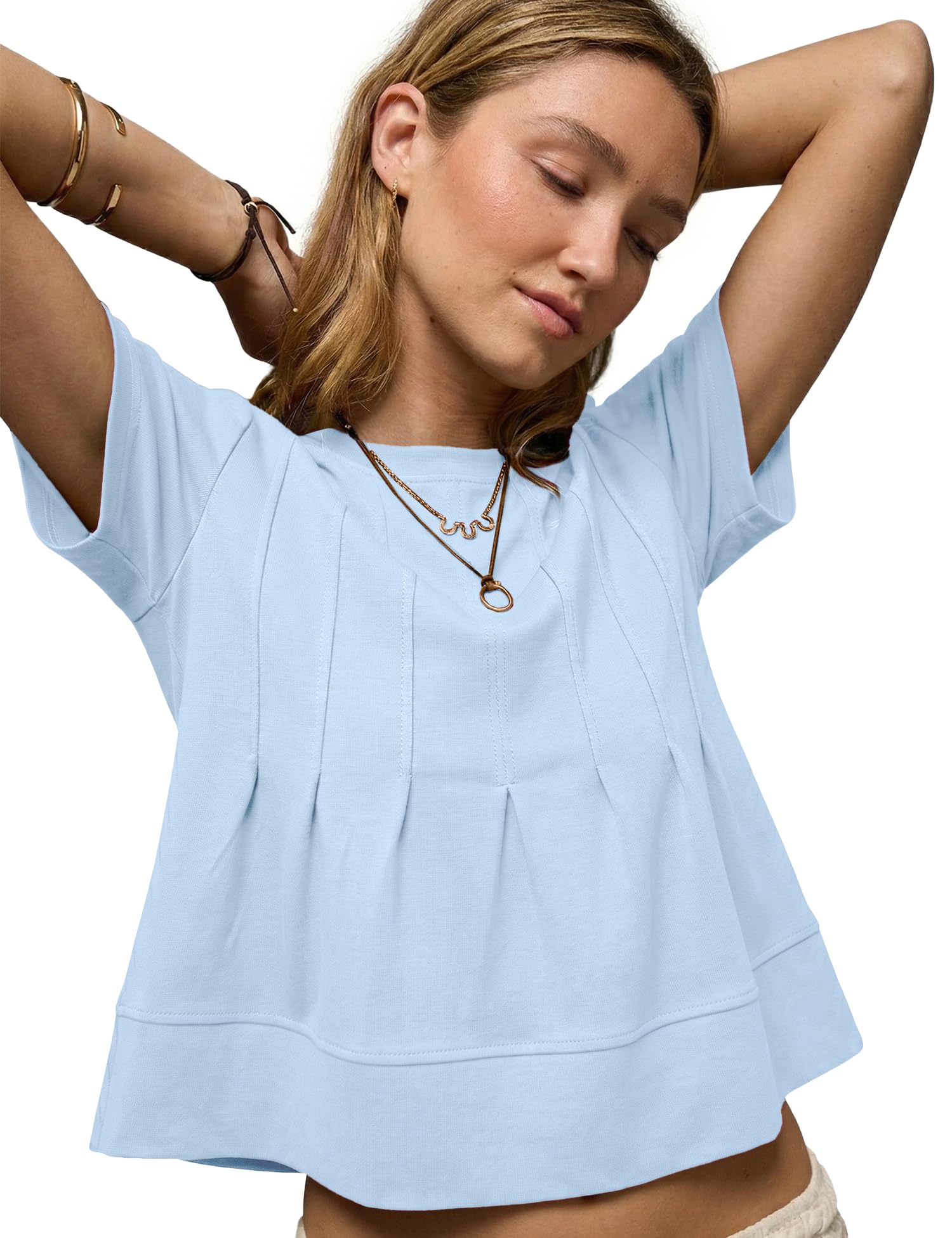 LOMON Spring Peplum Tops for Women Babydoll Pleated Short Sleeve Crop Swing Shirts Blouses Trendy Casual Clothing 2026