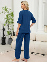 LOMON Women's 2 Piece Lounge Pajama Sets Soft 3/4 Sleeve Tops and Wide Leg Pants Loose Casual Outfits with Pockets