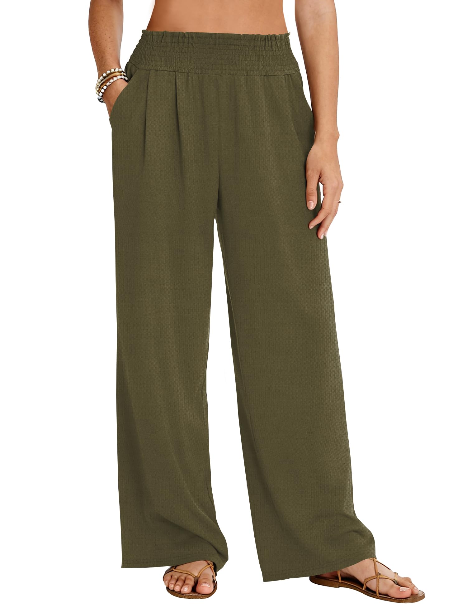 LOMON Womens Elastic High Waisted Palazzo Pants Casual Wide Leg Long Beach Vacation Trousers with Pockets