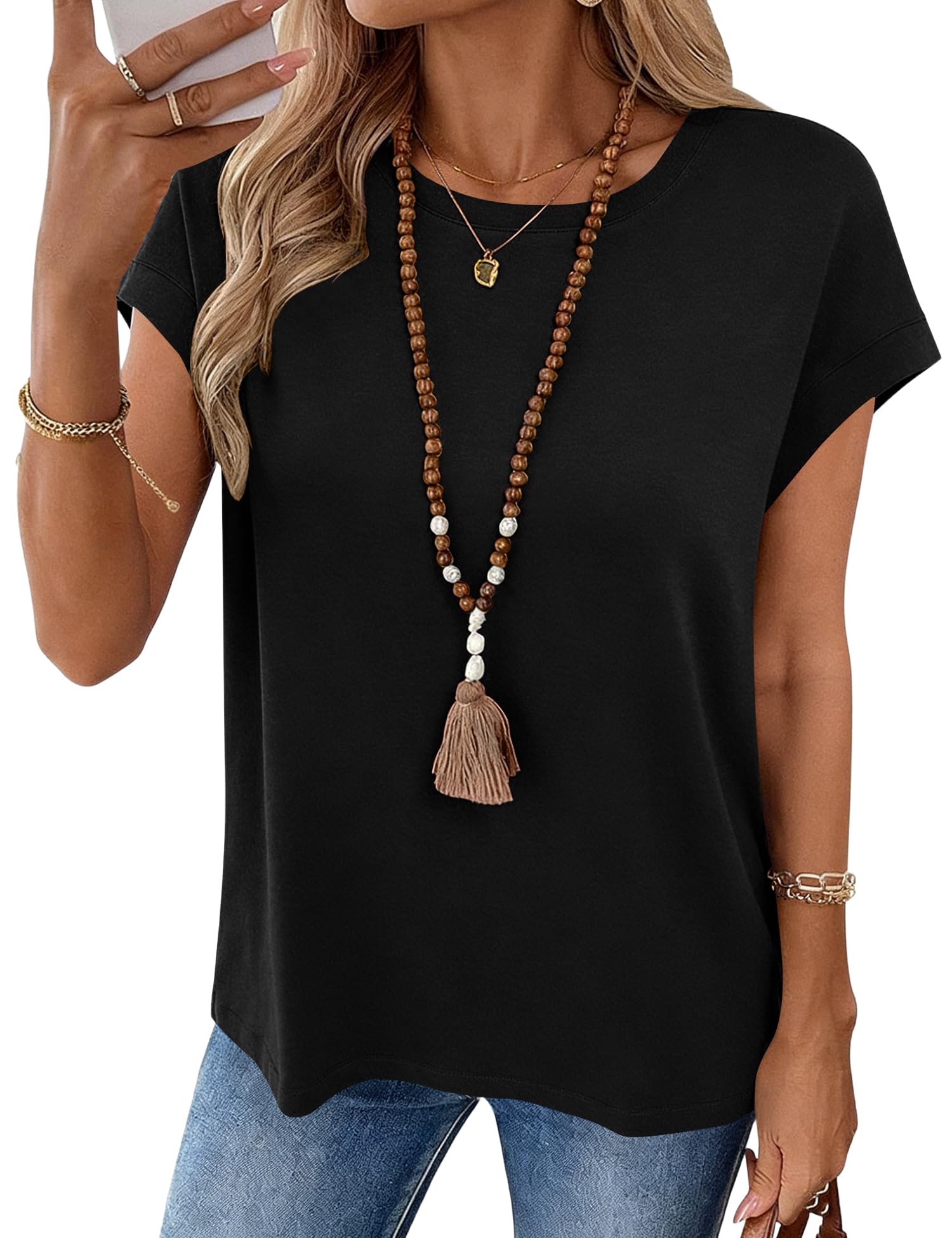 LOMON Womens Summer Tops Short Sleeve Shirts Cap Sleeve Tops Crew Neck Cute Trendy Tunic Blouses Dressy Casual Outfits 2026