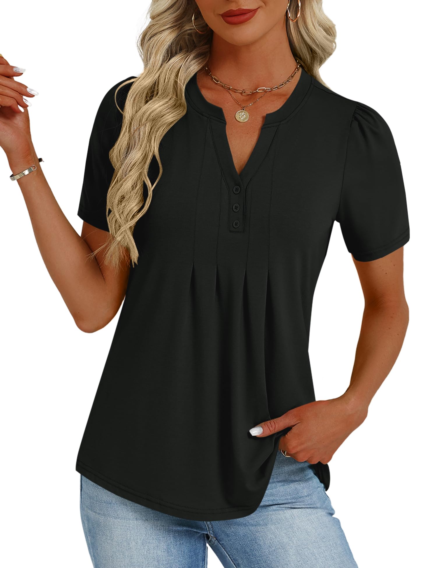 LOMON Womens Tops Dressy Casual V Neck Short Sleeve Shirts Summer Pleated Blouses Button Down Tunic Loose Fit