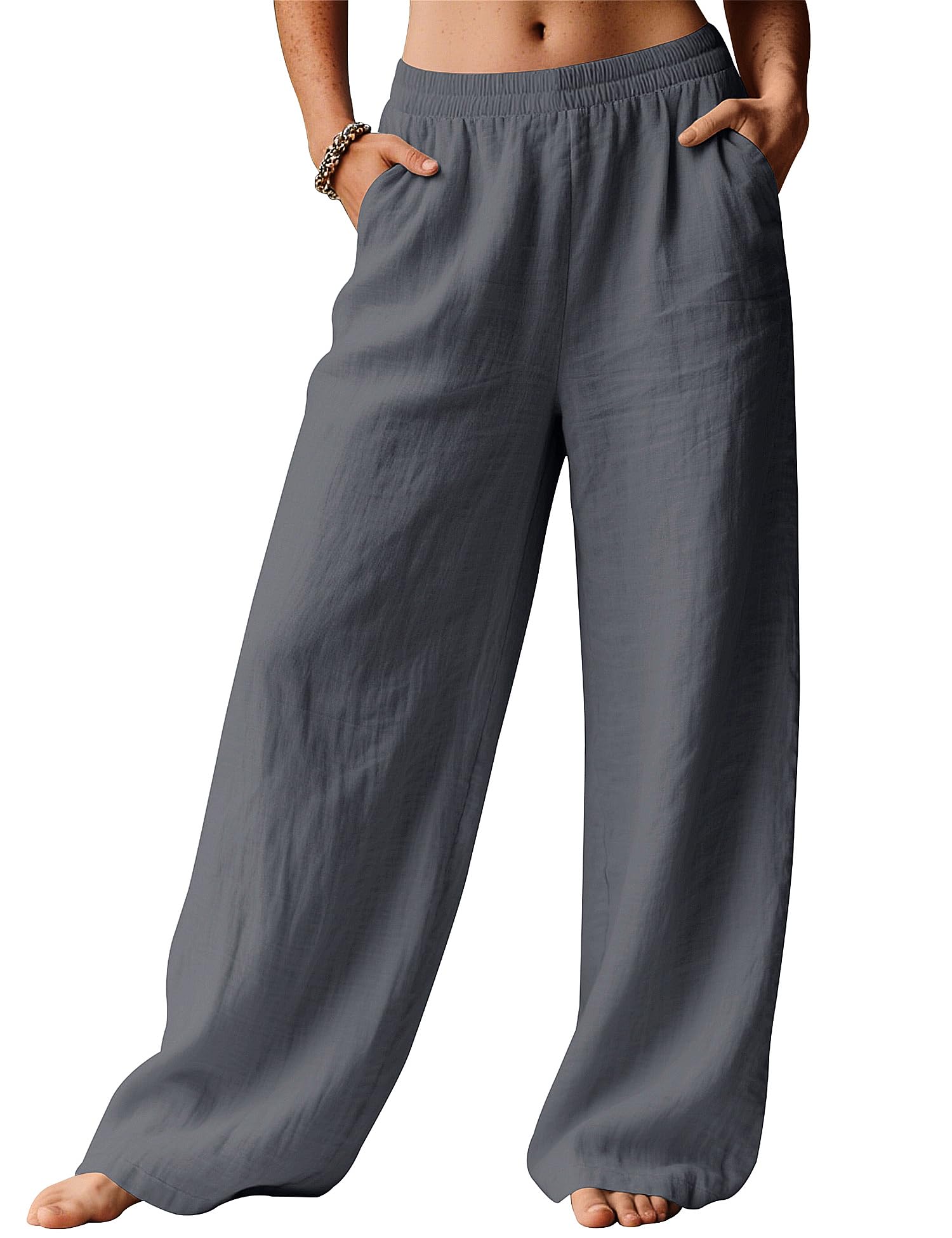 LOMON Linen Pants Women Wide Leg Palazzo Summer Flowy Pants Beach Vacation Clothes Elastic Waist Travel Trousers with Pockets
