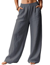 LOMON Linen Pants Women Wide Leg Palazzo Summer Flowy Pants Beach Vacation Clothes Elastic Waist Travel Trousers with Pockets