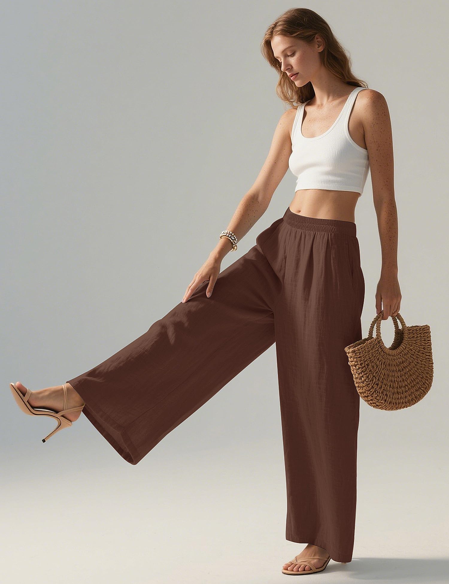 LOMON Linen Pants Women Wide Leg Palazzo Summer Flowy Pants Beach Vacation Clothes Elastic Waist Travel Trousers with Pockets