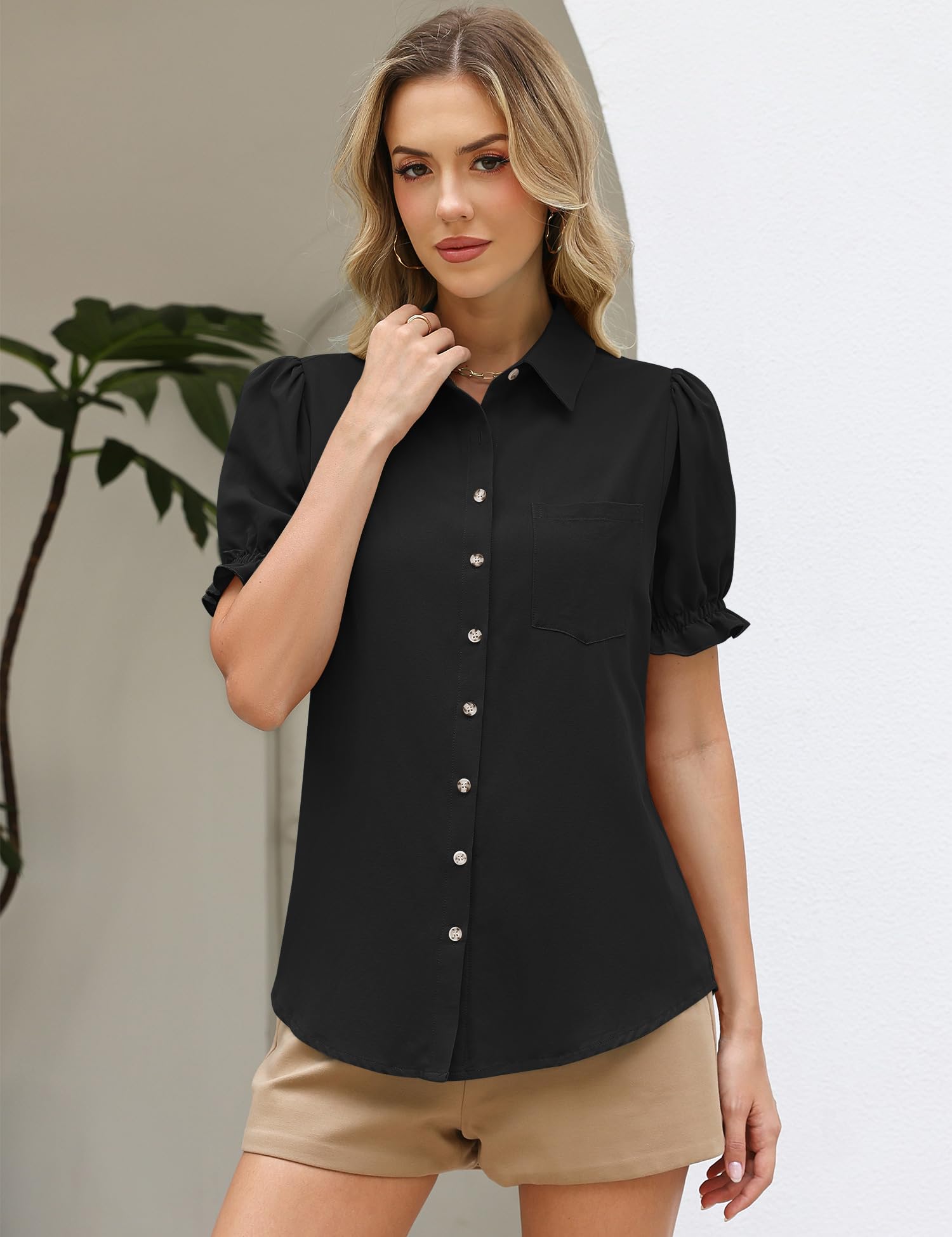 LOMON Linen Shirts for Women Puff Sleeve Button Down Summer Casual Cotton Linen Blouses Collared Work Tops Dressy