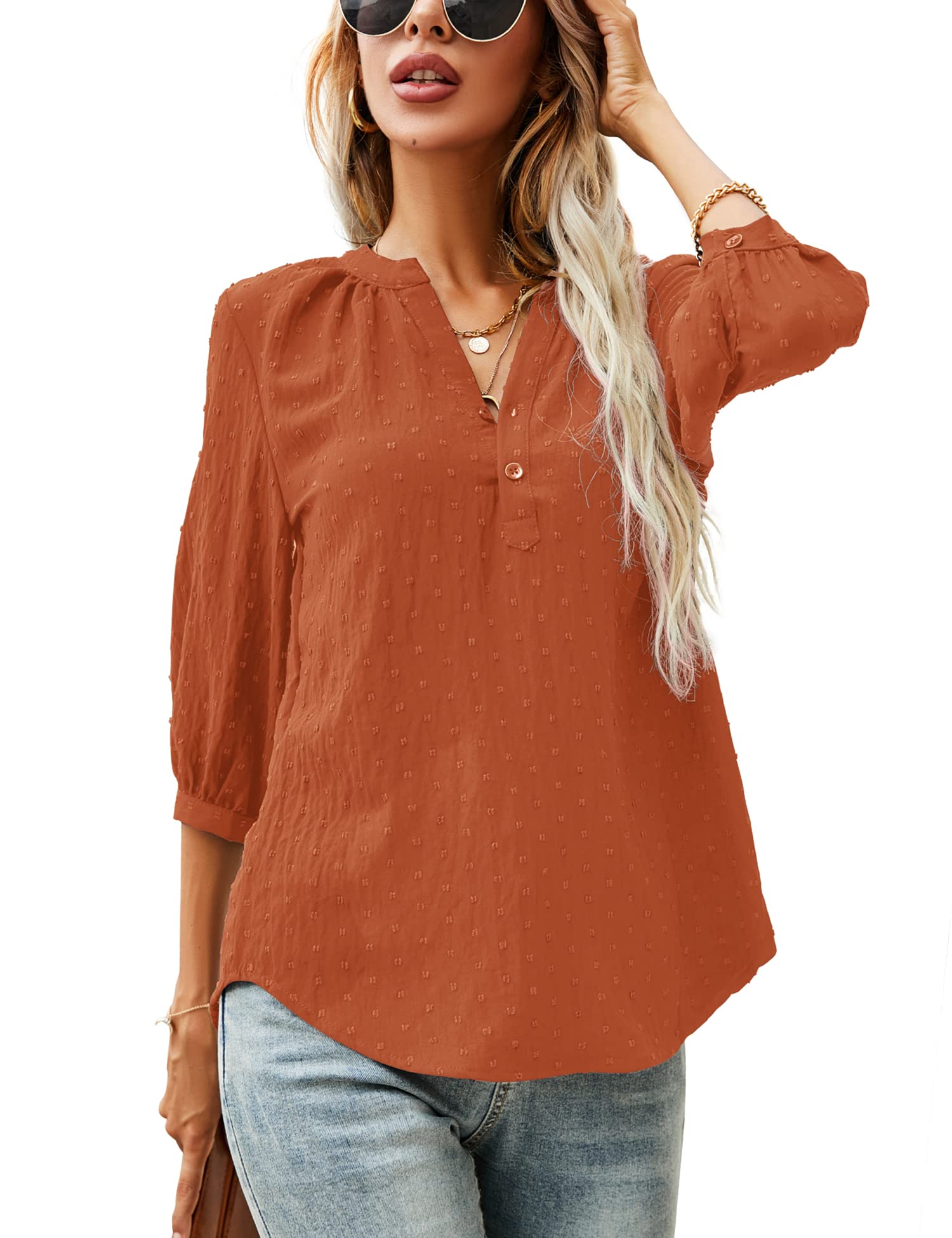 LOMON Women's Casual 3/4 Sleeve Henley V-Neck Button Up Pleated Back Blouses Swiss Dot Blouse Tops T-Shirts S-XXL