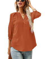 LOMON Women's Casual 3/4 Sleeve Henley V-Neck Button Up Pleated Back Blouses Swiss Dot Blouse Tops T-Shirts S-XXL