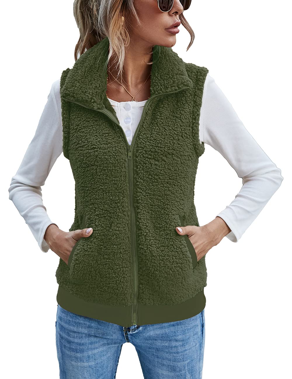LOMON Womens Fuzzy Fleece Vest, Casual Warm Sleeveless Zip Up Sherpa Vest Jacket with Pockets for Fall/Winter