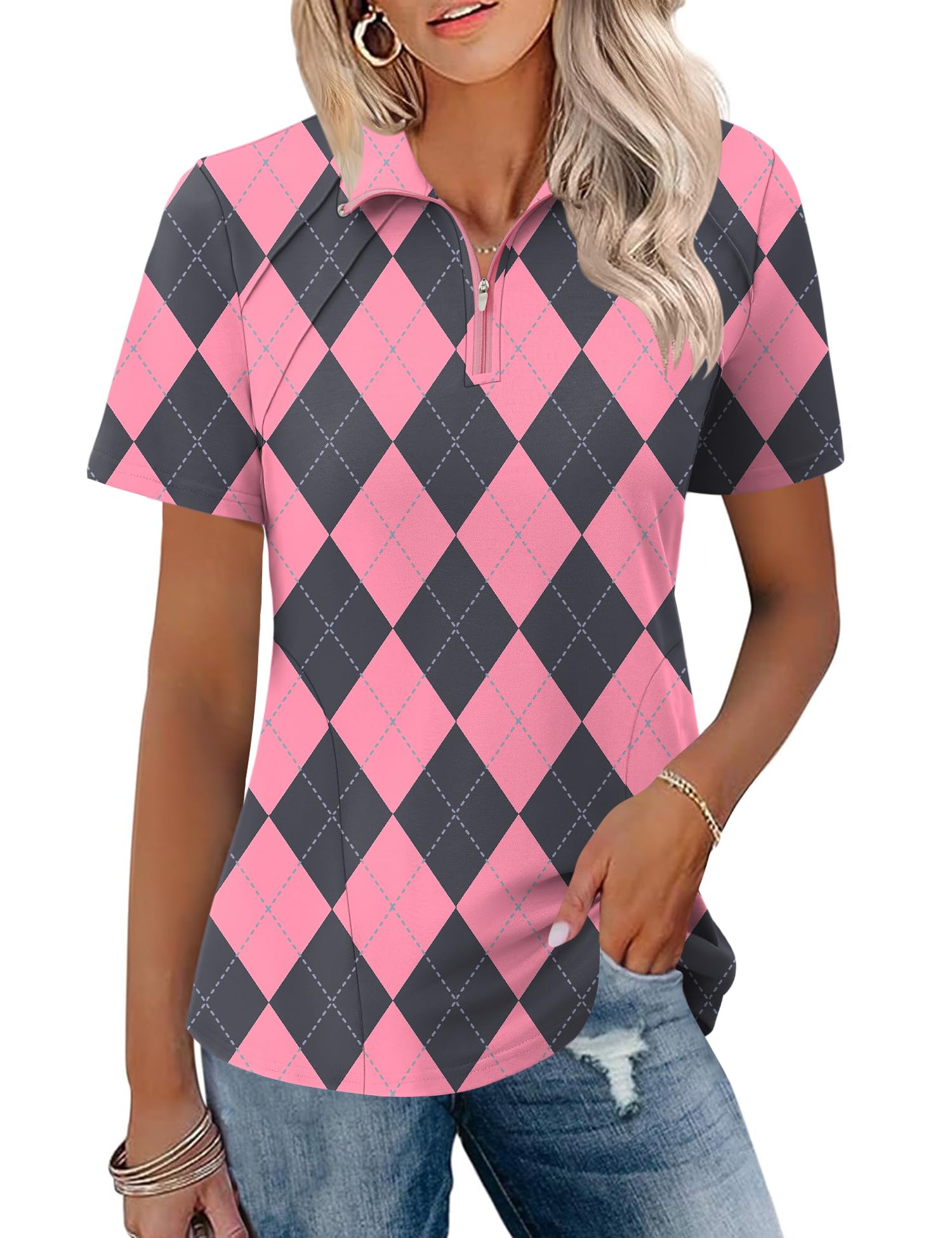 LOMON Womens Golf Polo Shirts Summer Short Sleeve 1/4 Zip Tops Moisture Wicking Casual Tennis Activewear with Pockets