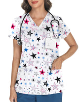 LOMON Women's V Neck Printed Scrub Top with 3 Pockets
