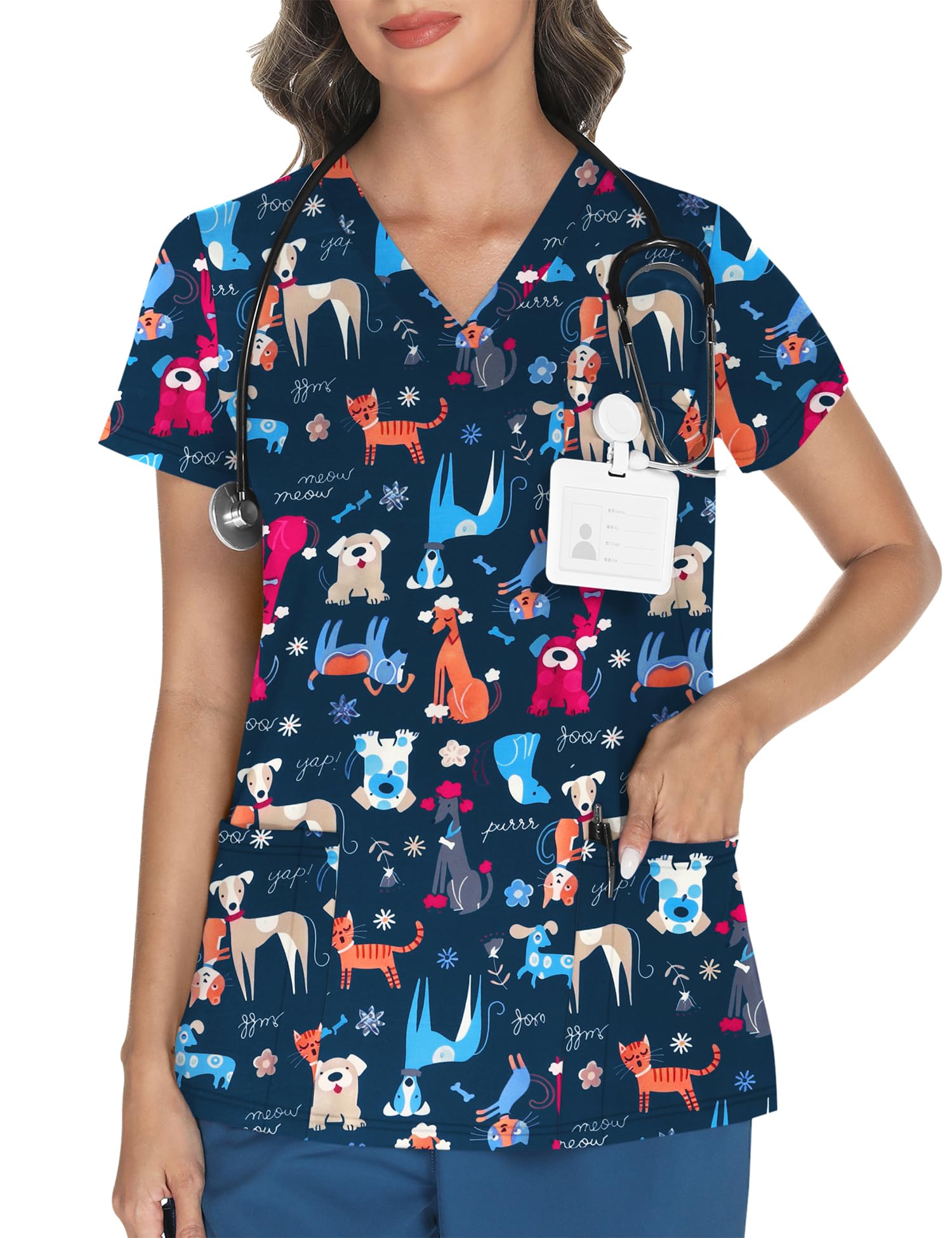 LOMON Women's V Neck Printed Scrub Top with 3 Pockets