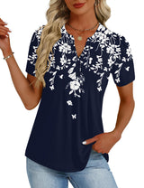 LOMON Womens Tops Dressy Casual V Neck Short Sleeve Shirts Summer Pleated Blouses Button Down Tunic Loose Fit