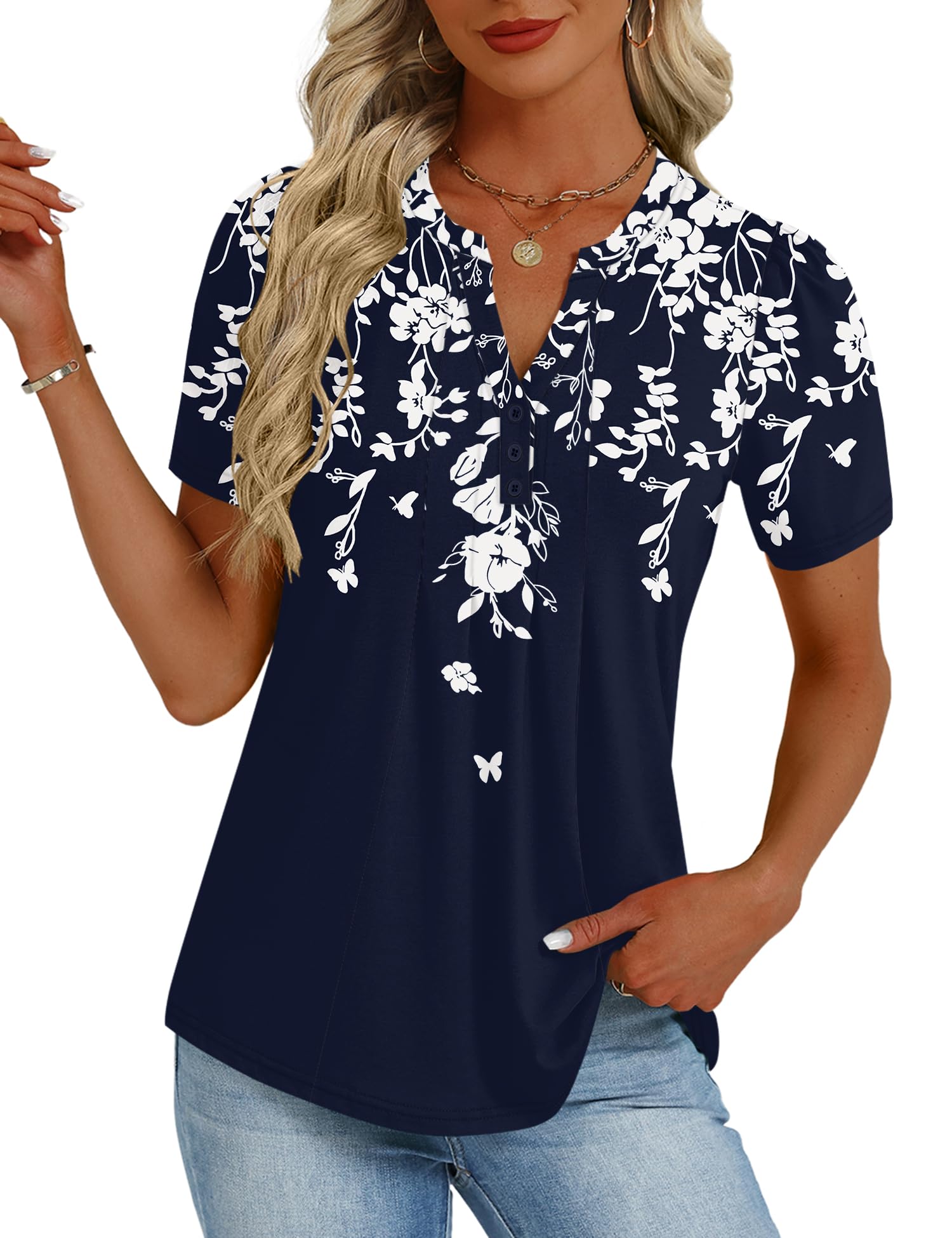 LOMON Womens Tops Dressy Casual V Neck Short Sleeve Shirts Summer Pleated Blouses Button Down Tunic Loose Fit