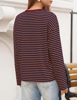 LOMON Striped Long Sleeve Shirt Women Y2k Oversized Crewneck Fall Spring Drop Shoulder Vintage Tops Teen Girl Clothes