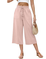 LOMON Women's Linen Capri Pants Wide Leg with Drawstring Elastic Waist Casual Cropped Pant