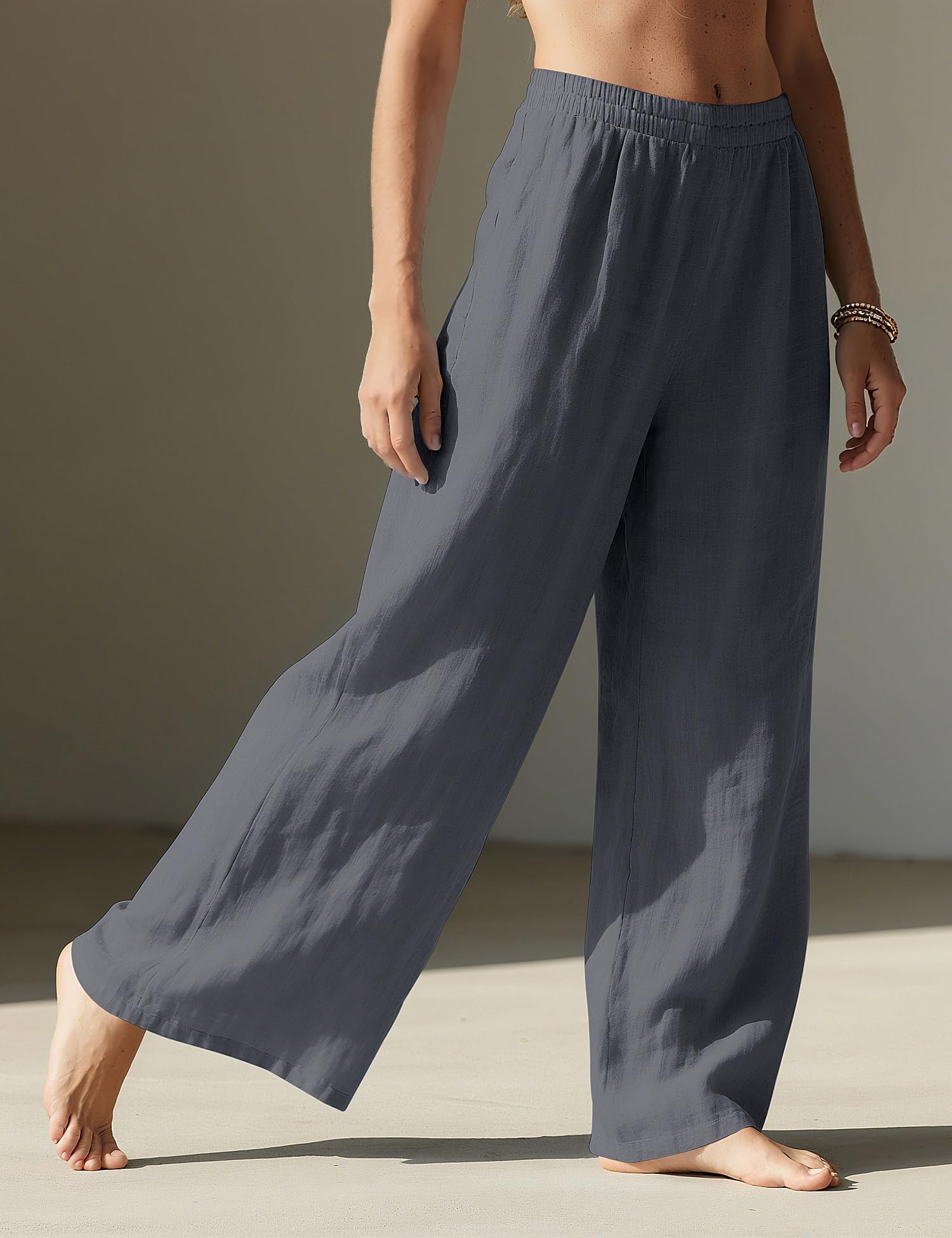 LOMON Linen Pants Women Wide Leg Palazzo Summer Flowy Pants Beach Vacation Clothes Elastic Waist Travel Trousers with Pockets