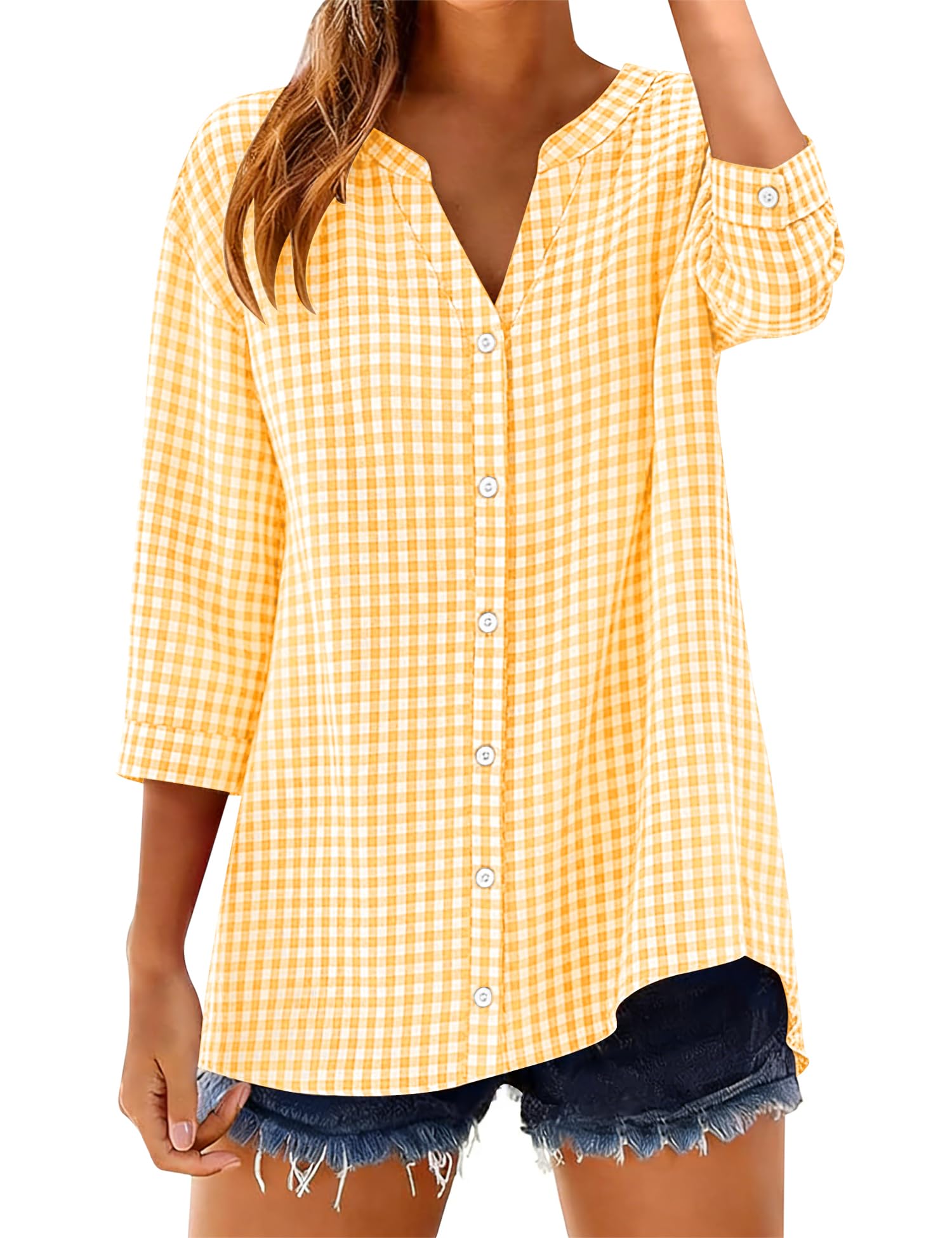LOMON Cotton 3/4 Sleeve Button Down Shirts for Women Gingham Plaid Striped Tops V Neck Casual Loose Blouse