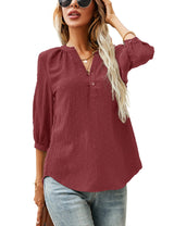 LOMON Women's Casual 3/4 Sleeve Henley V-Neck Button Up Pleated Back Blouses Swiss Dot Blouse Tops T-Shirts S-XXL