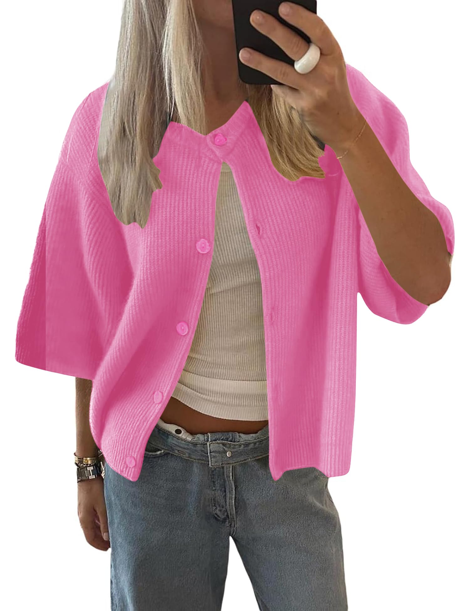 Lomon Womens Spring Summer Short Sleeve Cardigan Sweaters Trendy Crew Neck Button Down Lightweight Knit Outfit Y2k Clothes