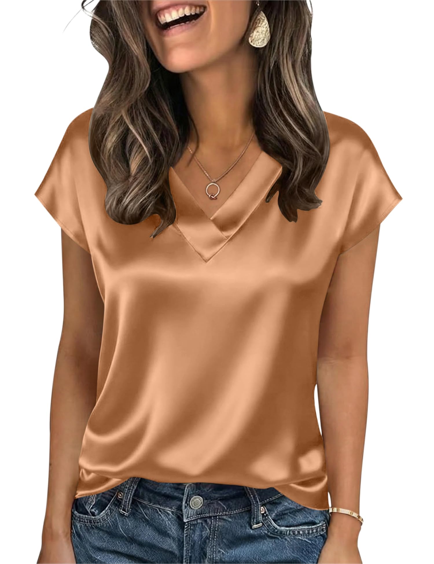 LOMON Women Silk Satin Tops Cap Short Sleeve Blouse V Neck Shirts Business Casual Outfits