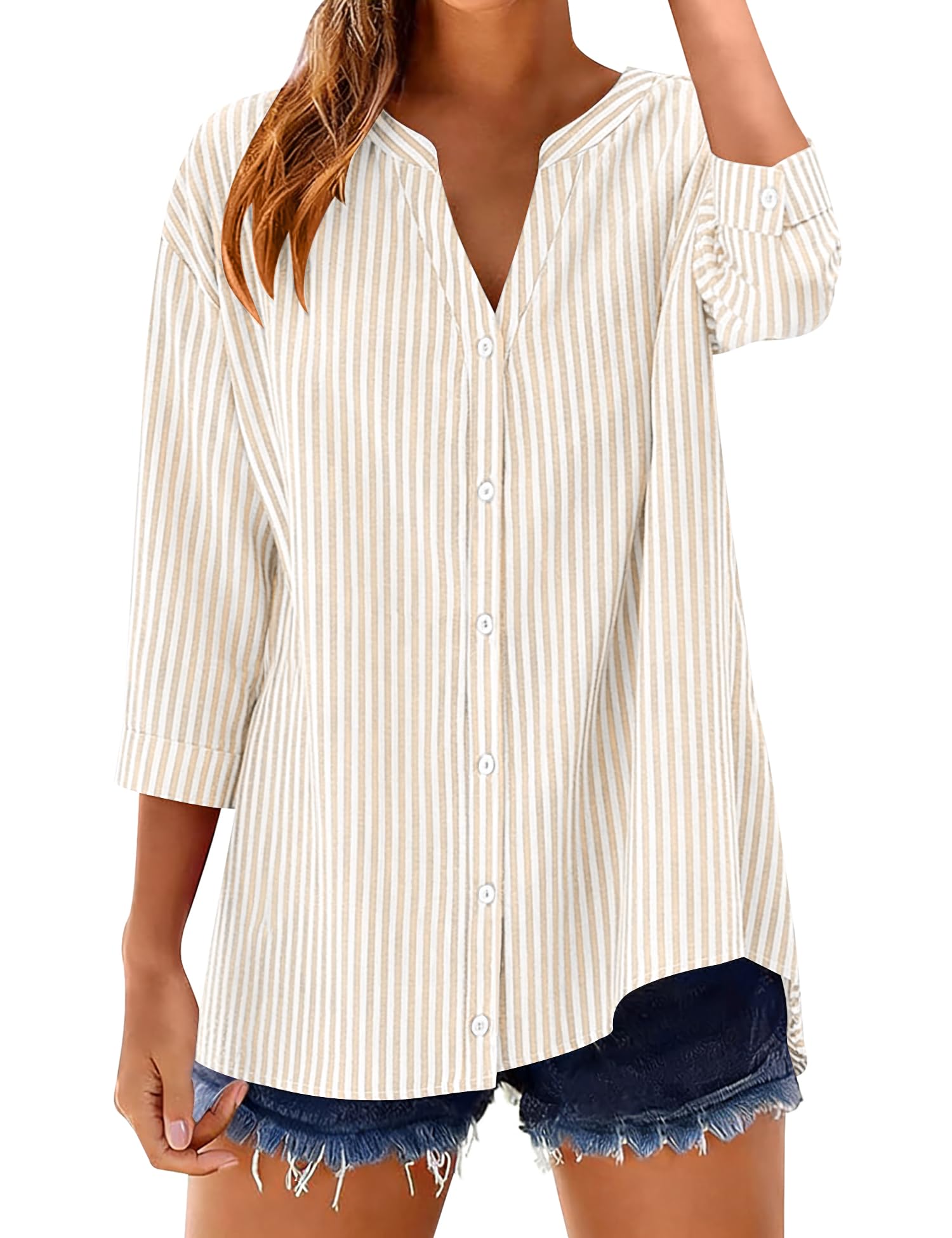 LOMON Cotton 3/4 Sleeve Button Down Shirts for Women Gingham Plaid Striped Tops V Neck Casual Loose Blouse