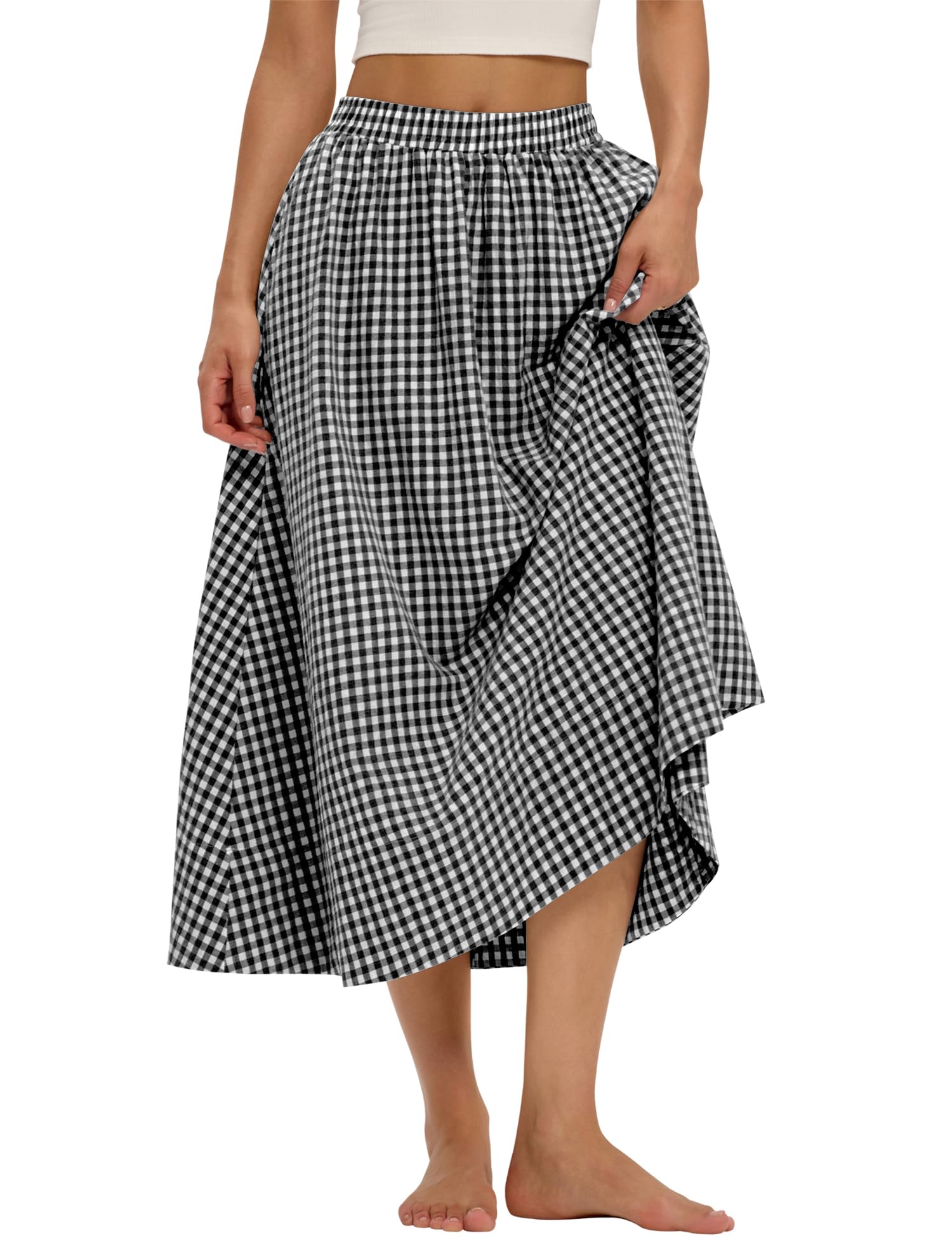 LOMON Midi Skirts for Women A-Line Cotton Flowy Maxi Skirt Boho Summer Beach Casual Elastic Waist Dress Outfit with Pockets