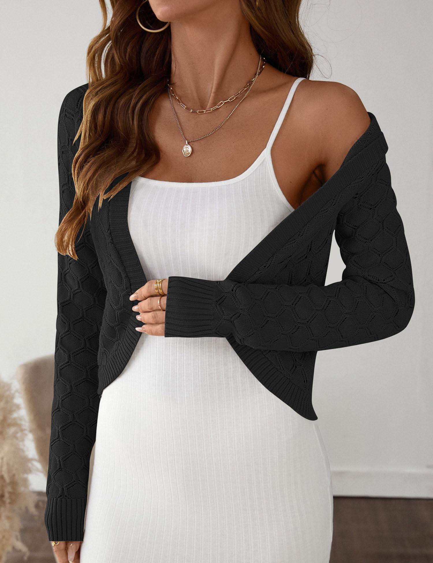 LOMON Womens Cropped Cardigan Bolero Shrugs for Dresses Knit Open Front Long Sleeve Sweater