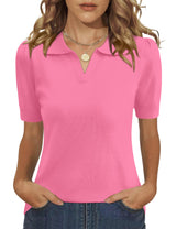 LOMON Womens Puff Short Sleeve Polo Sweater V Neck Knitted Tops Casual Ribbed Shirt Pullover Blouse