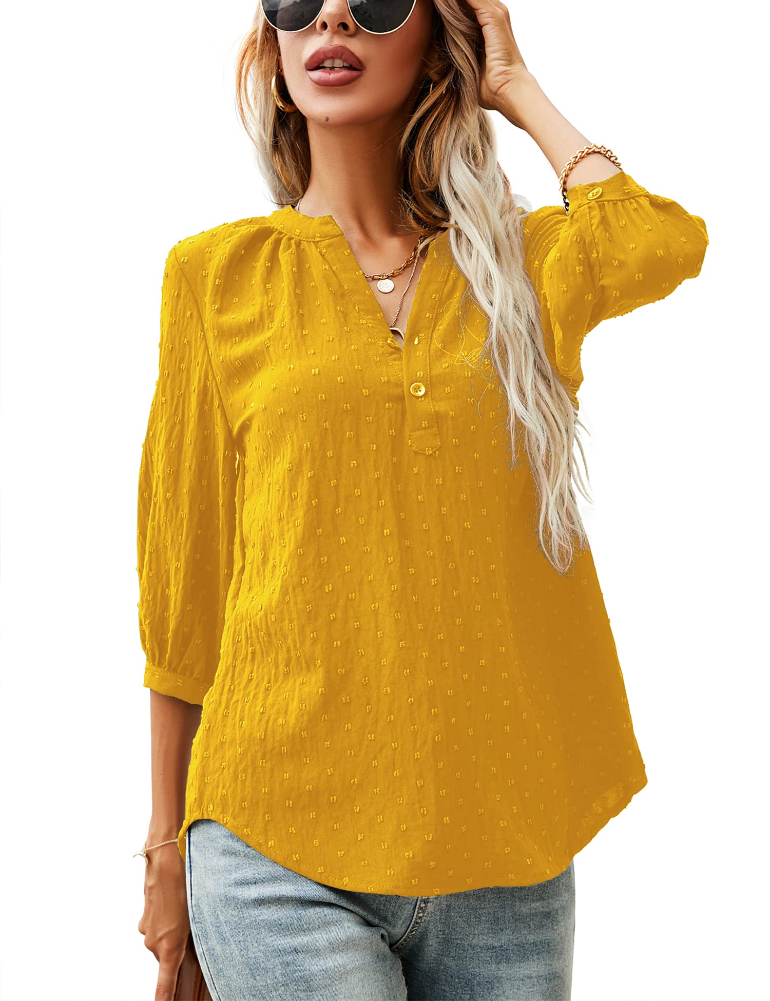 LOMON Women's Casual 3/4 Sleeve Henley V-Neck Button Up Pleated Back Blouses Swiss Dot Blouse Tops T-Shirts S-XXL