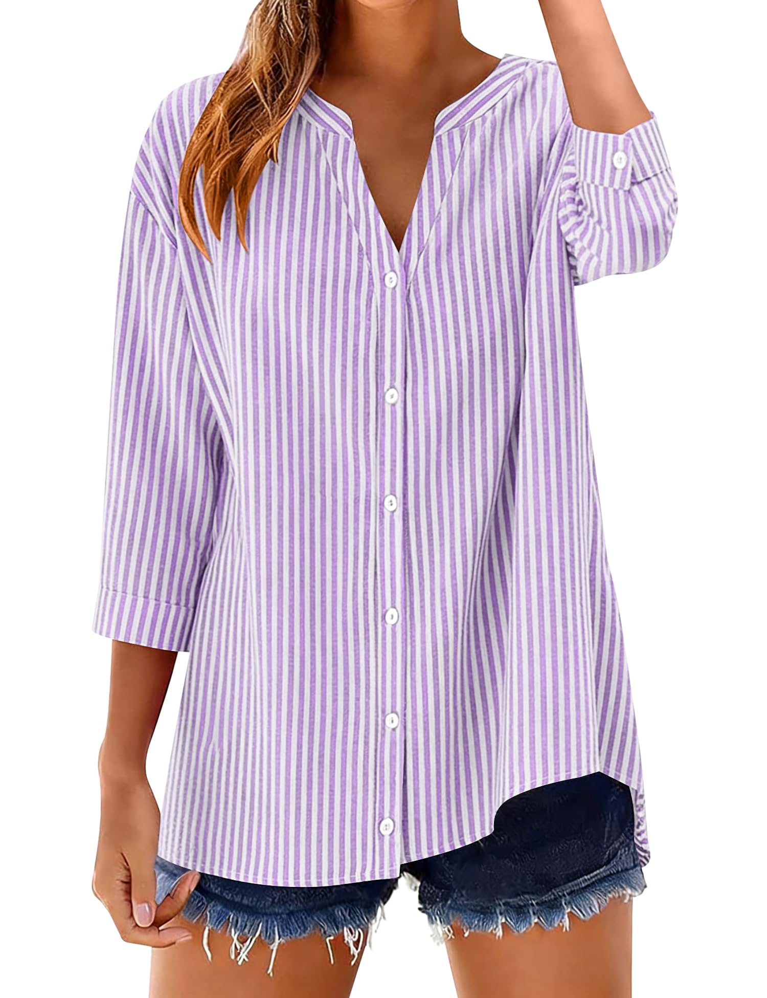 LOMON Cotton 3/4 Sleeve Button Down Shirts for Women Gingham Plaid Striped Tops V Neck Casual Loose Blouse