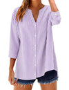 LOMON Cotton 3/4 Sleeve Button Down Shirts for Women Gingham Plaid Striped Tops V Neck Casual Loose Blouse