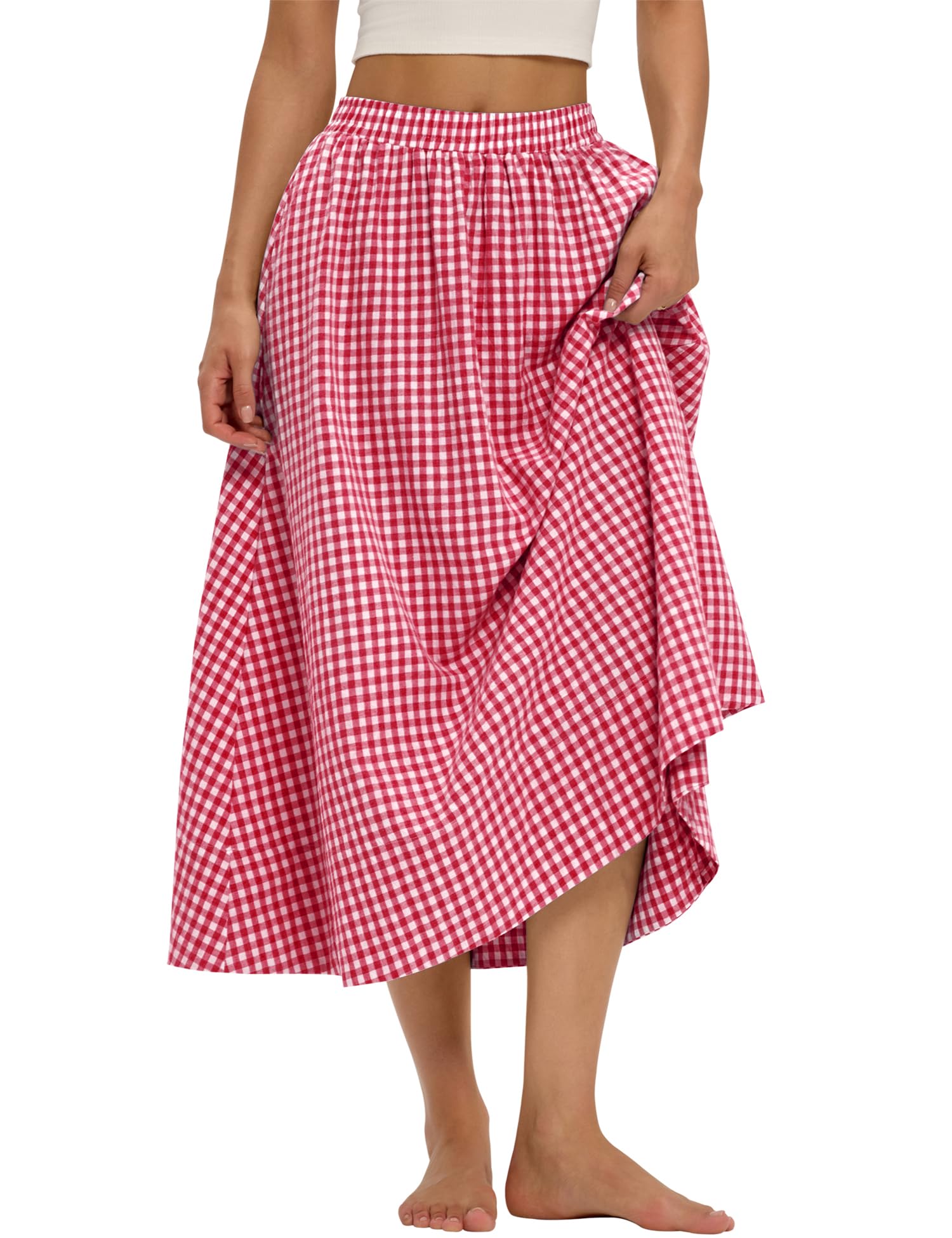 LOMON Midi Skirts for Women A-Line Cotton Flowy Maxi Skirt Boho Summer Beach Casual Elastic Waist Dress Outfit with Pockets