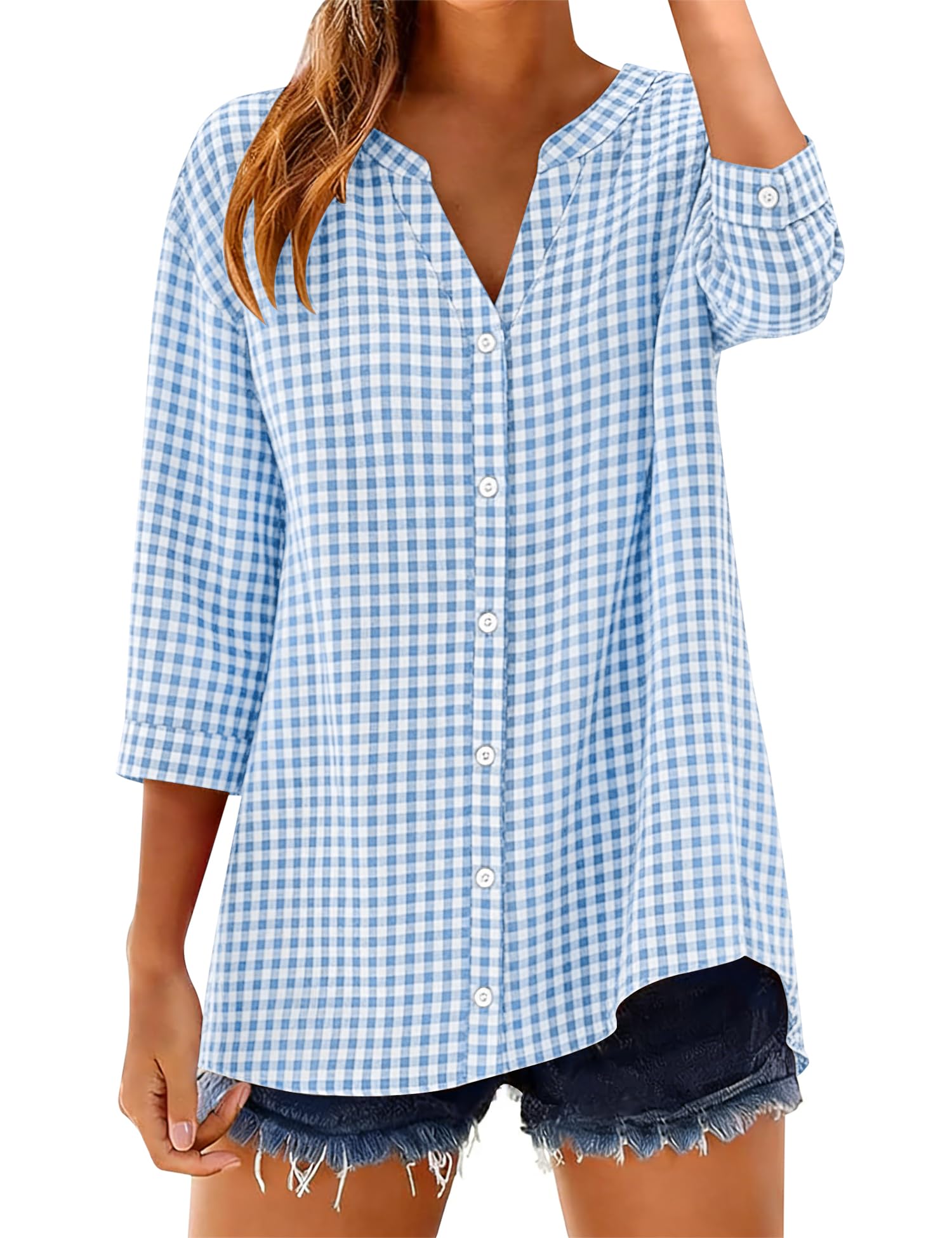LOMON Cotton 3/4 Sleeve Button Down Shirts for Women Gingham Plaid Striped Tops V Neck Casual Loose Blouse