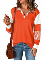 LOMON V Neck Long Sleeve Loose Sweaters Color Block Striped Knitted Pullover Jumper Tops