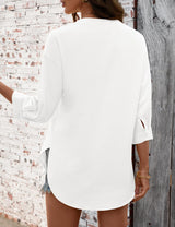 LOMON 3/4 Length Sleeve Womens Tops V Neck 3/4 Sleeve Sides Slit Button Down Shirts Cotton Linen Casual Loose Blouses