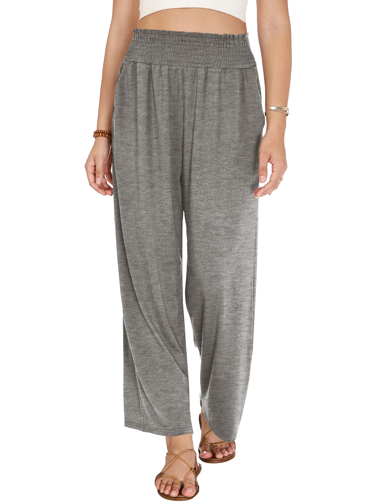LOMON Womens Elastic High Waisted Palazzo Pants Casual Wide Leg Long Beach Vacation Trousers with Pockets