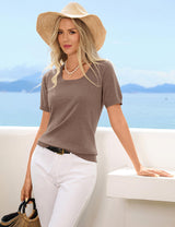 LOMON Womens Short Sleeve Sweater Spring Square Neck Knit Tops Summer Fahshion Business Casual Tops