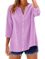 LOMON Womens 3/4 Sleeve Button Down Shirts Cotton Linen Roll Up Short Sleeve Tops V Neck Casual Loose Fit Blouses
