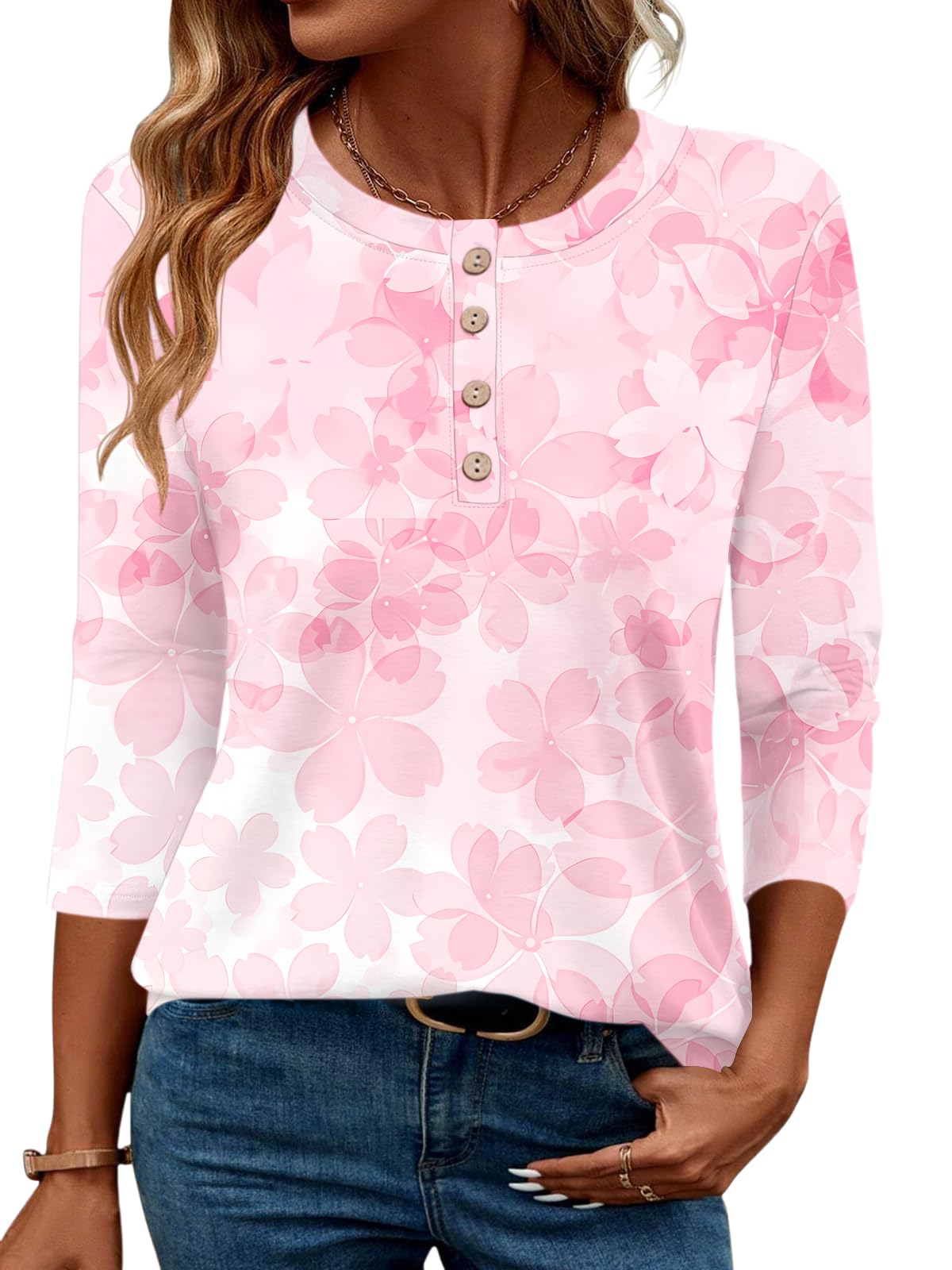 LOMON 3/4 Length Sleeve Womens Tops Dressy Casual Crewneck Pullover Tunics Summer Cute Blouses Fashion 2025 Tees Shirts
