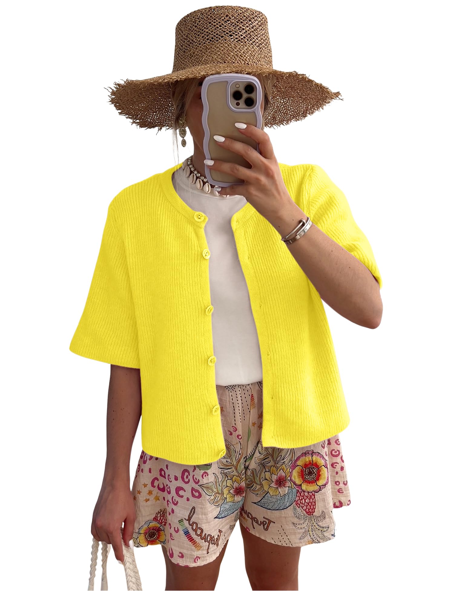Lomon Womens Spring Summer Short Sleeve Cardigan Sweaters Trendy Crew Neck Button Down Lightweight Knit Outfit Y2k Clothes