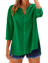 LOMON 3/4 Length Sleeve Womens Tops V Neck 3/4 Sleeve Sides Slit Button Down Shirts Cotton Linen Casual Loose Blouses